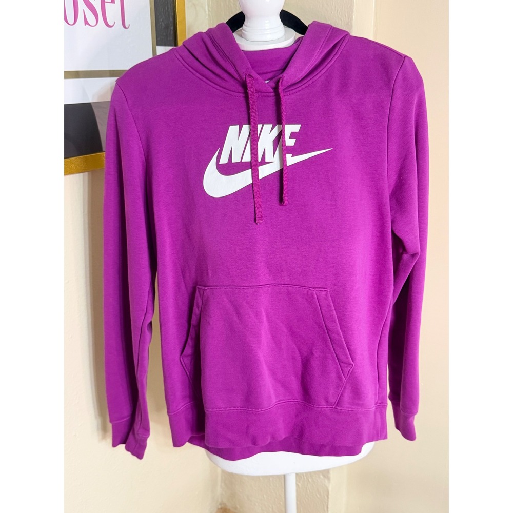 Nike Sportswear Essential Fleece Hoodie Magenta Purple White Logo Pullover Small